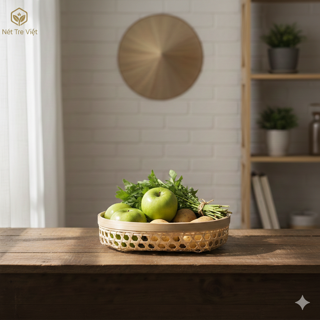 Rổ mây tre đan thủ công mỹ nghệ đựng trái cây.