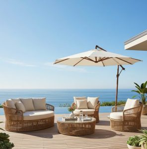 bàn ghế mây tre đan ngoài trời view biển
